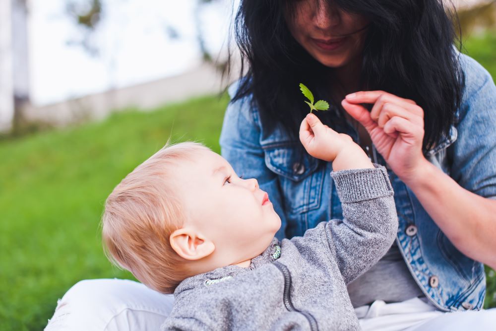 Bebé y madre examinando una hoja de árbol pequeña.