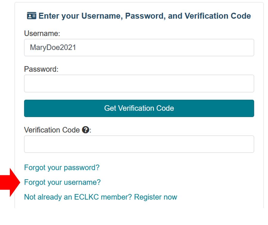 Imagen de la página de inicio de sesión de ECLKC que apunta al enlace Olvidó su nombre de usuario.