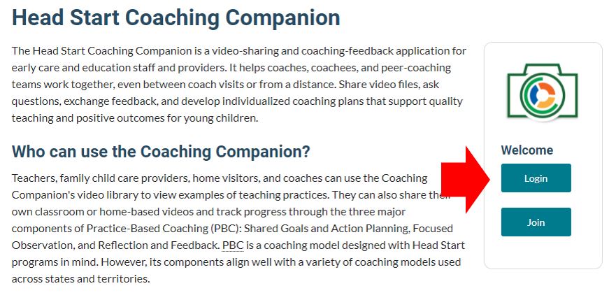 Página de destino de Coaching Companion que muestra el botón de inicio de sesión