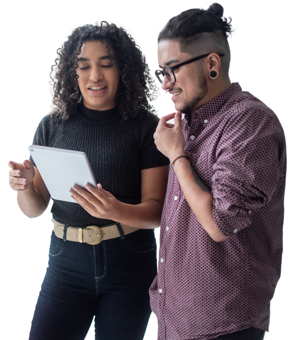 Two people looking at their notes.