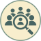 Employment icon with a magnifying glass surrounded by a group of people.