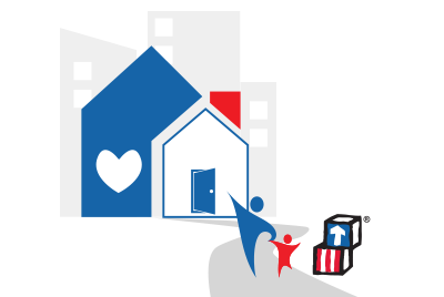 A stylized outline of a house with the OHS logo inside and an adult and child ready to go inside.