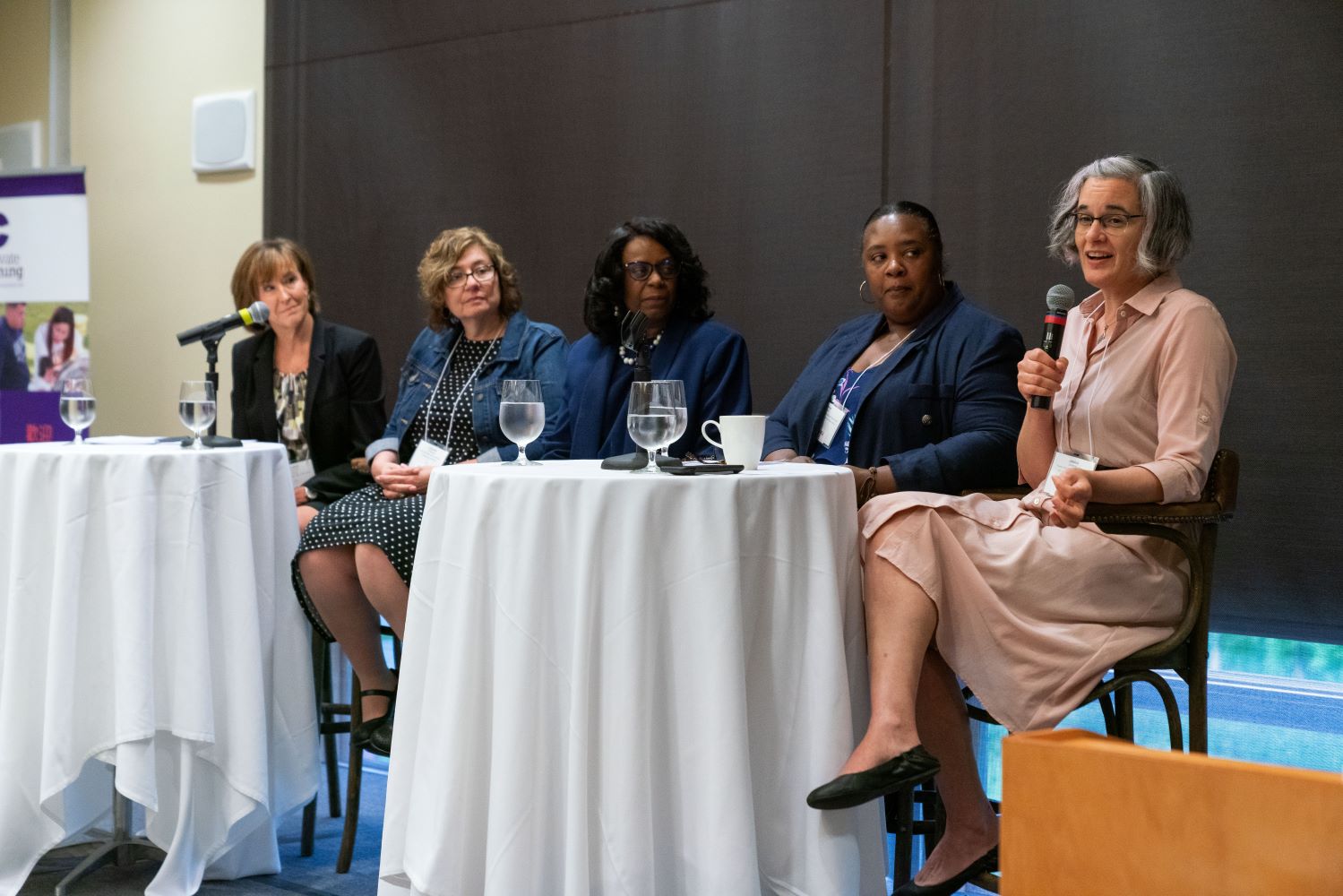 Five women are addressing a meeting.