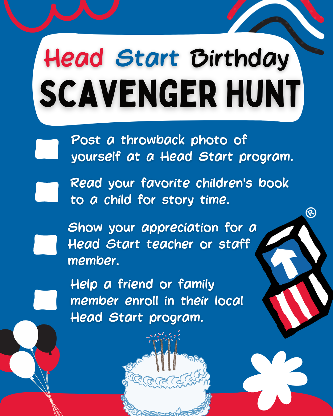 Head Start birthday scavenger hunt of things to do.