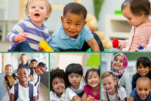 Collage de imágenes con niños de diferentes razas y etnias.