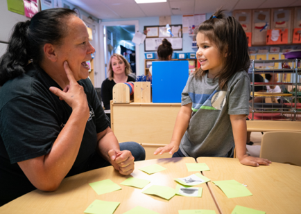 Adutl and child at a table full of sticky notes.