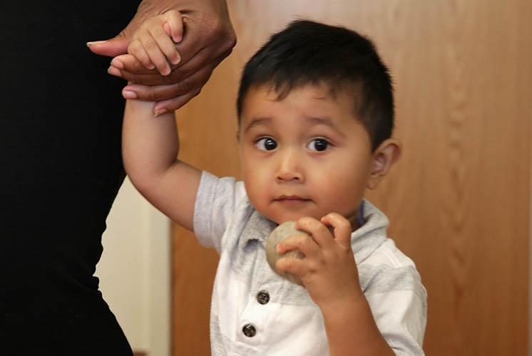 adult holds hand of toddler as they walk