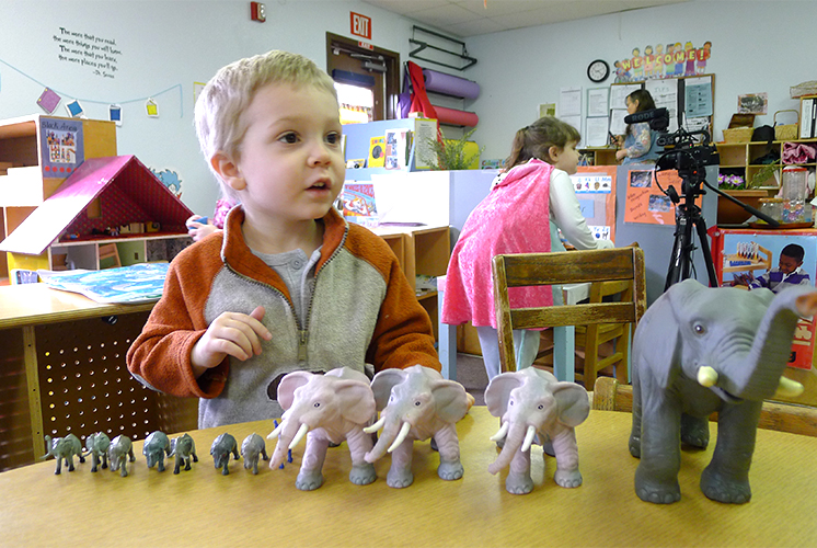 Niño jugando con figuras de elefante