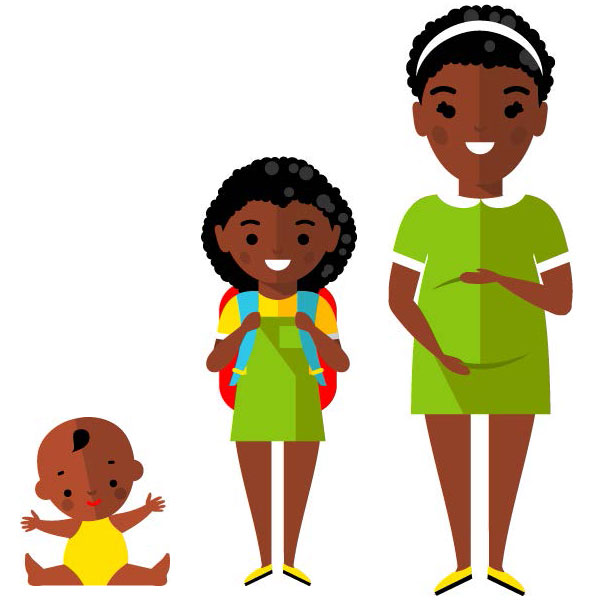 Artwork of a baby, teenager, and pregnant mother