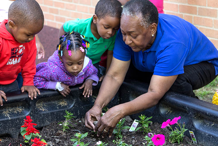 An adult and three children gather around a garden plot, planting flowers