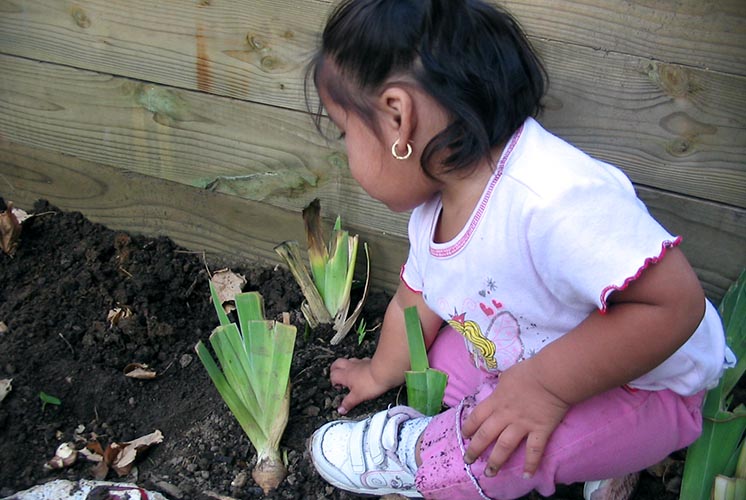 A girl sits in the garden soil among the garden plants