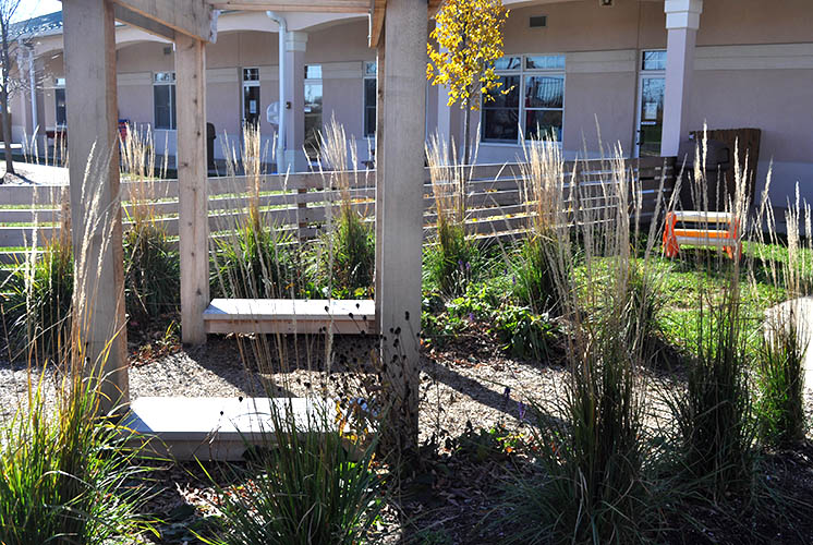 a view of an outdoor space with plants, walkways, and benches