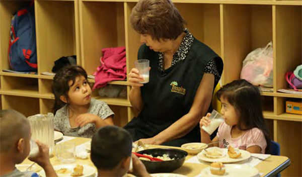 Teacher eating lunch with students